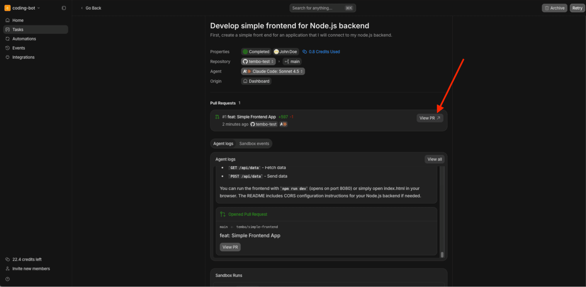 Frontend Node screenshot