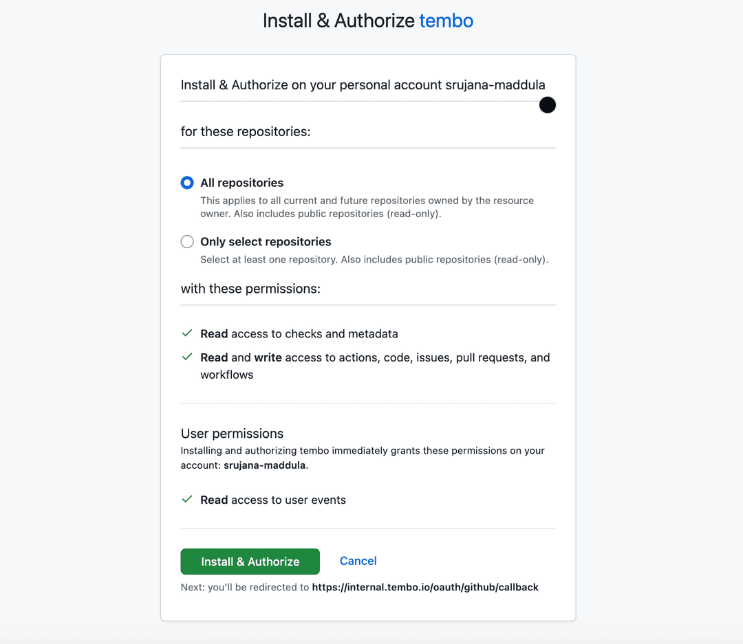 GitHub repository authorization page for Tembo - selecting repositories to integrate