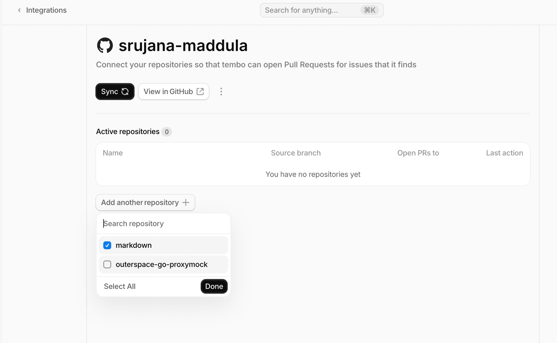 Tembo Active Repositories settings page for selecting which repositories to scan