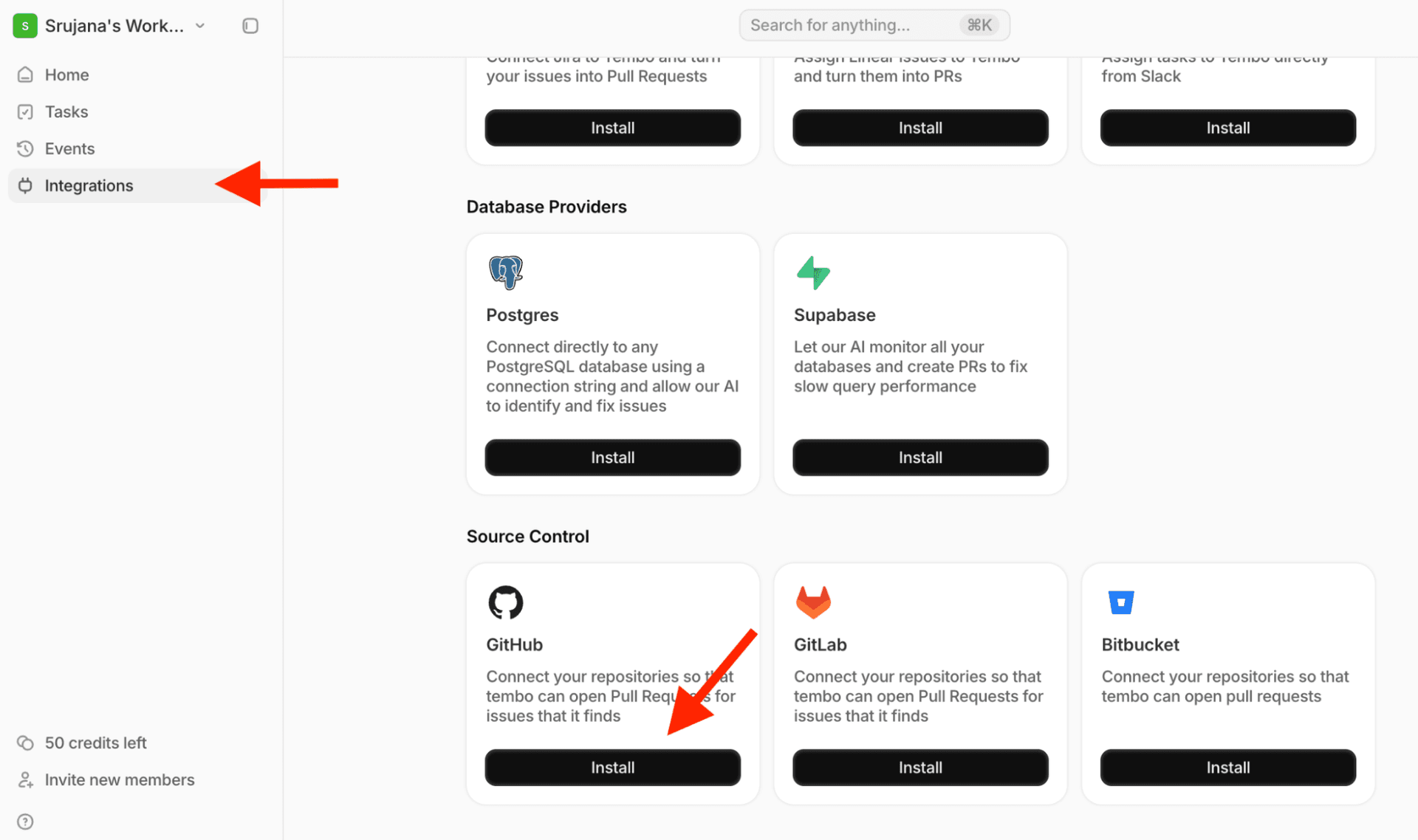 Tembo GitHub integration setup - Source Control section showing Install button for GitHub