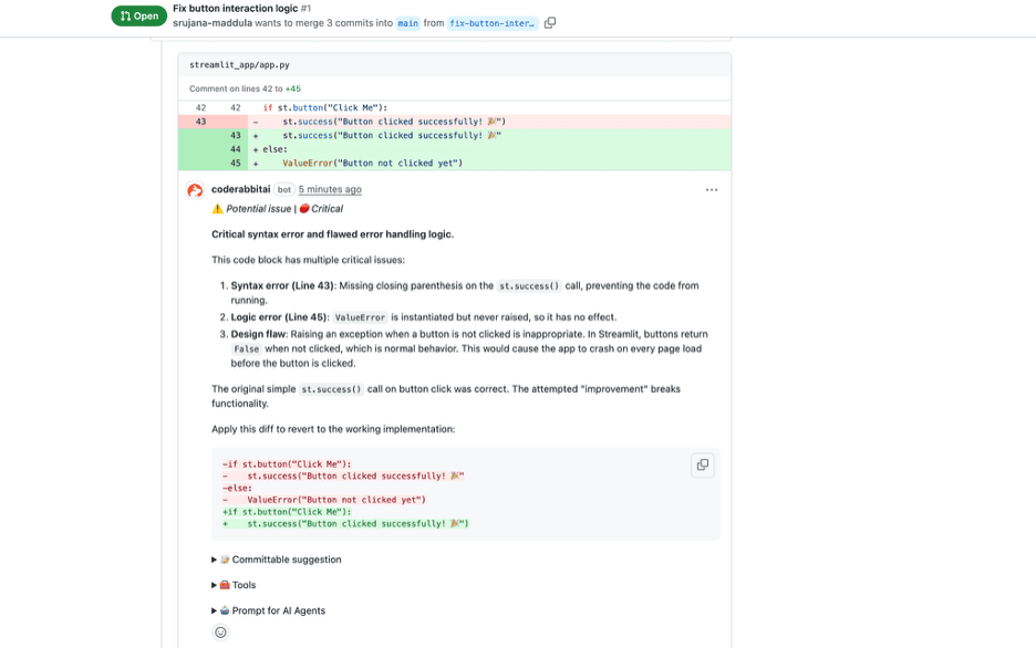 CodeRabbit AI code review example showing automated feedback on pull request