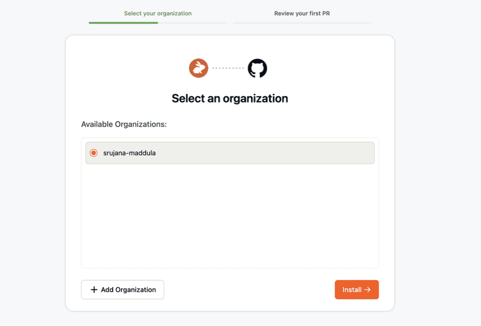 GitHub organization selection page for CodeRabbit installation