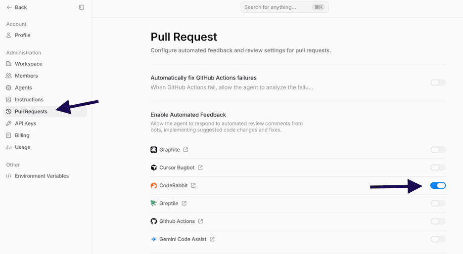 Tembo Pull Requests settings - enabling CodeRabbit integration toggle
