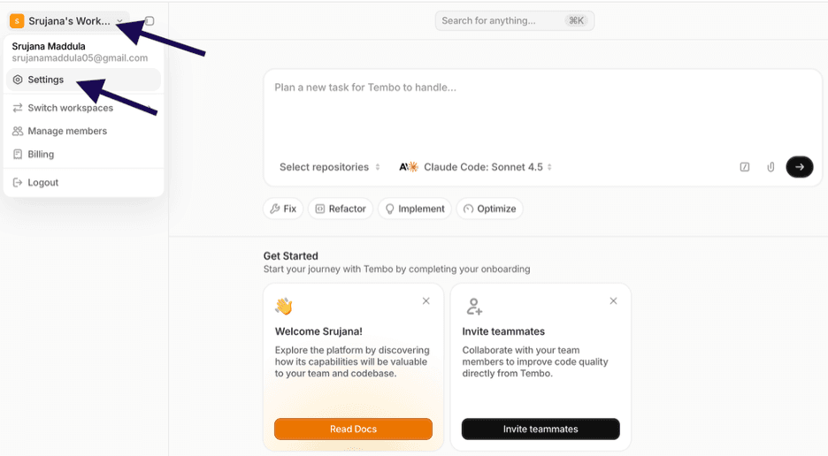Tembo workspace settings - accessing Settings from workspace dropdown menu