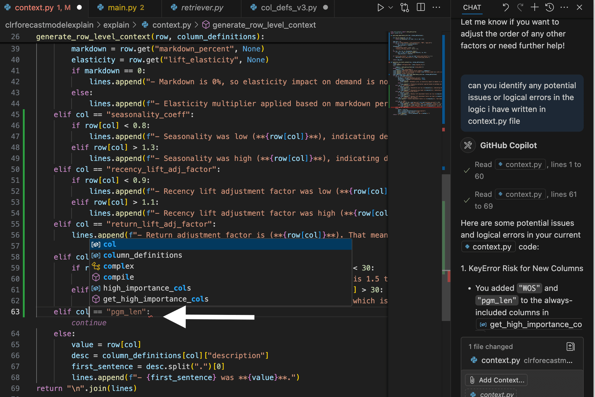 GitHub Copilot auto-completion example showing elif col suggestion
