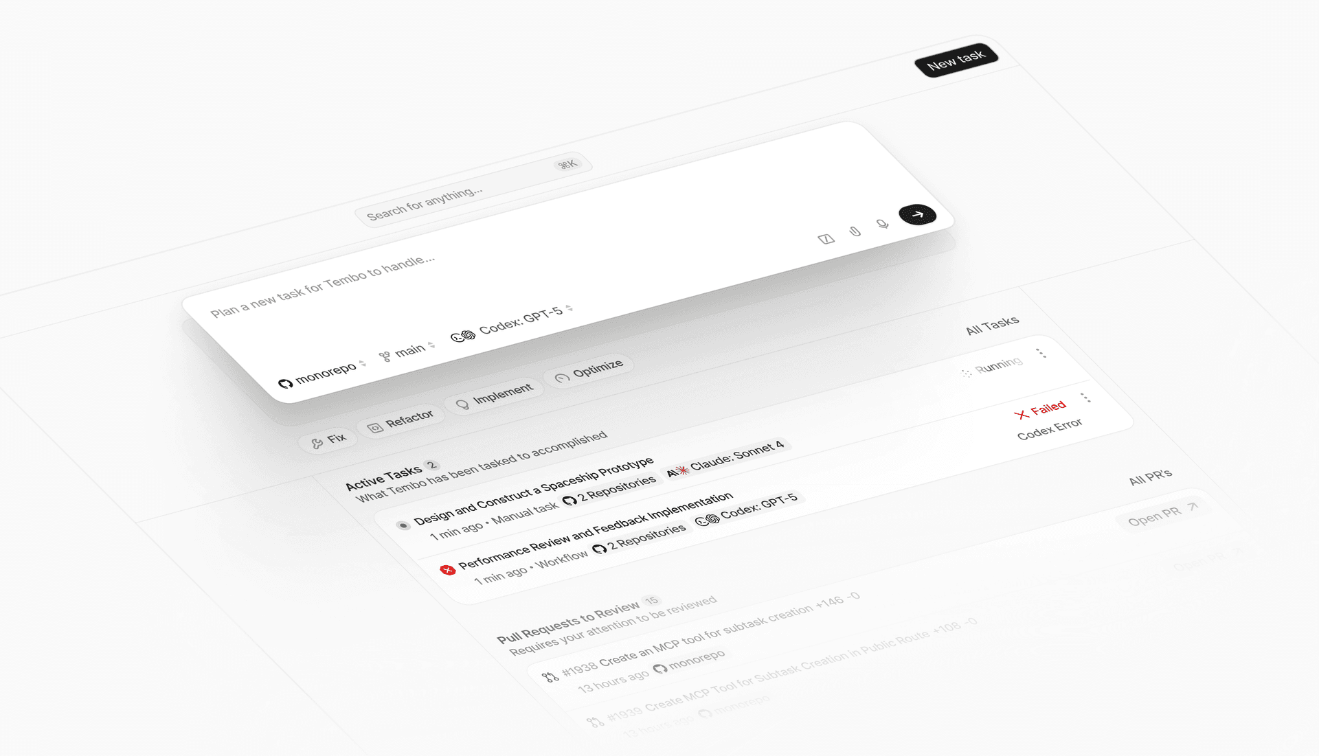 Tembo AI agent dashboard showing active tasks, GitHub integrations, and automated workflows for engineering teams