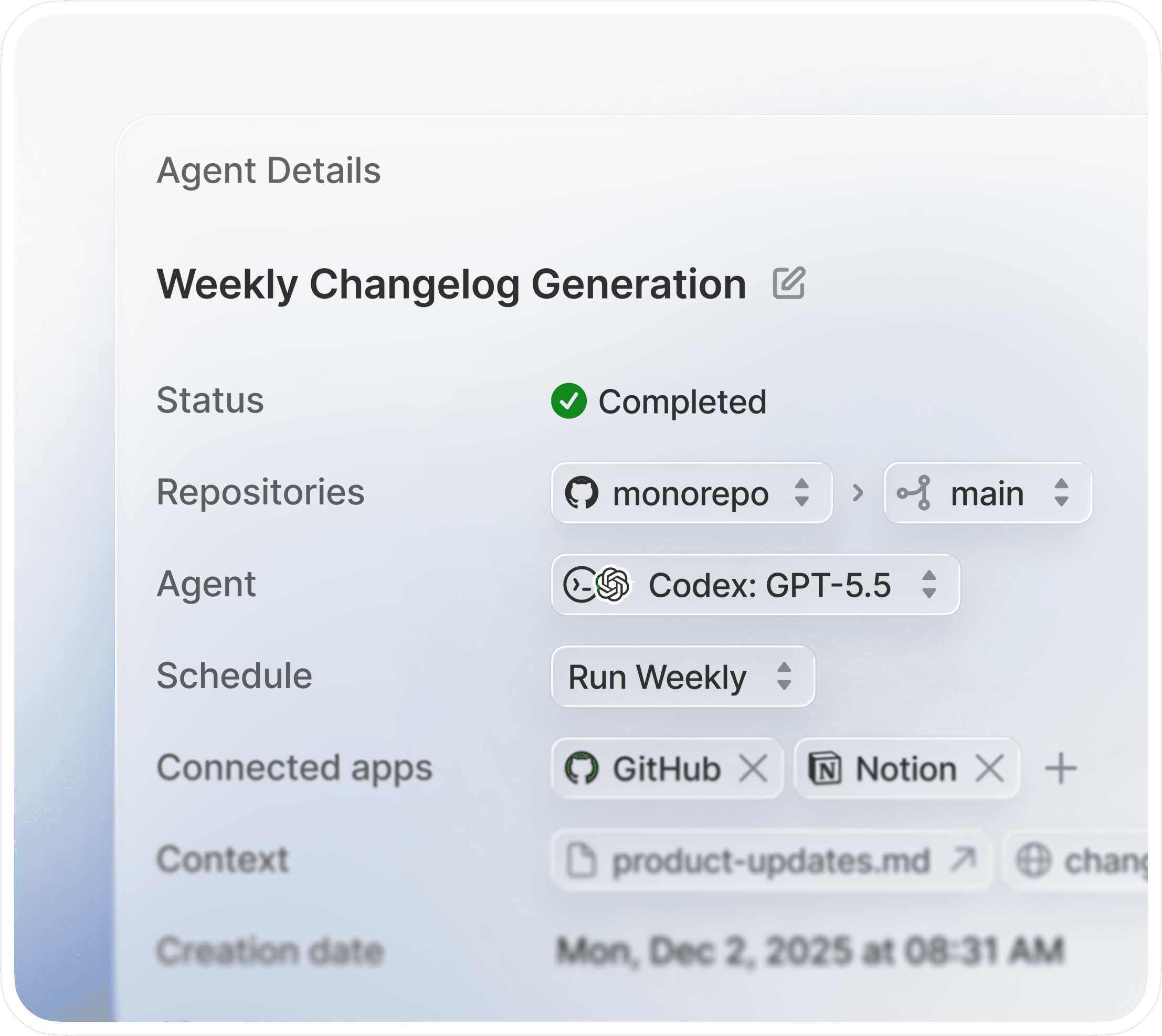 A Tembo agent configuration: Weekly Changelog Generation, with status, repository, agent, schedule, and connected apps.