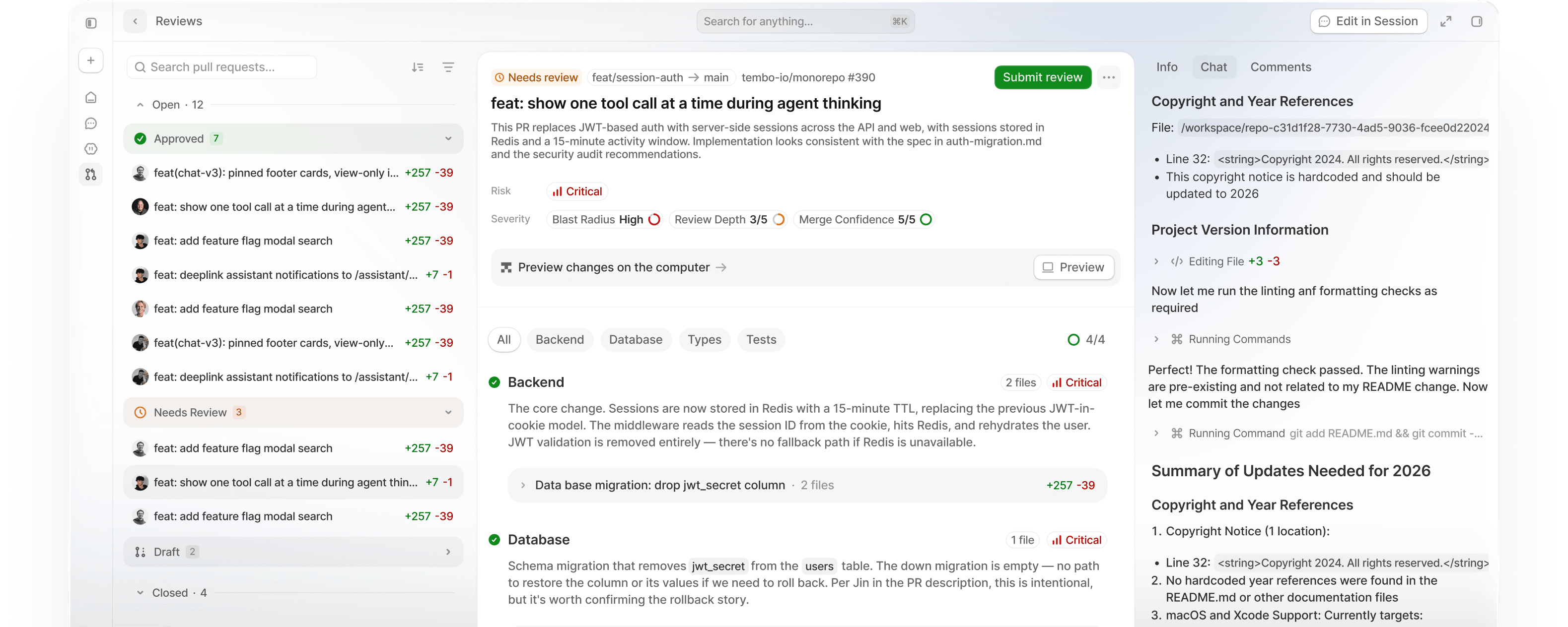 Tembo Review showing pull requests, grouped Tour Mode review sections, risk signals, and a chat about the change.