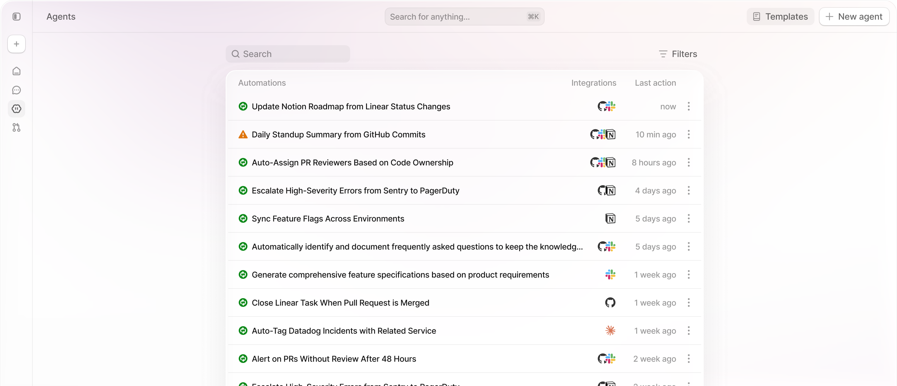 The Tembo Automations dashboard listing recurring and event-driven agent runs across integrations.