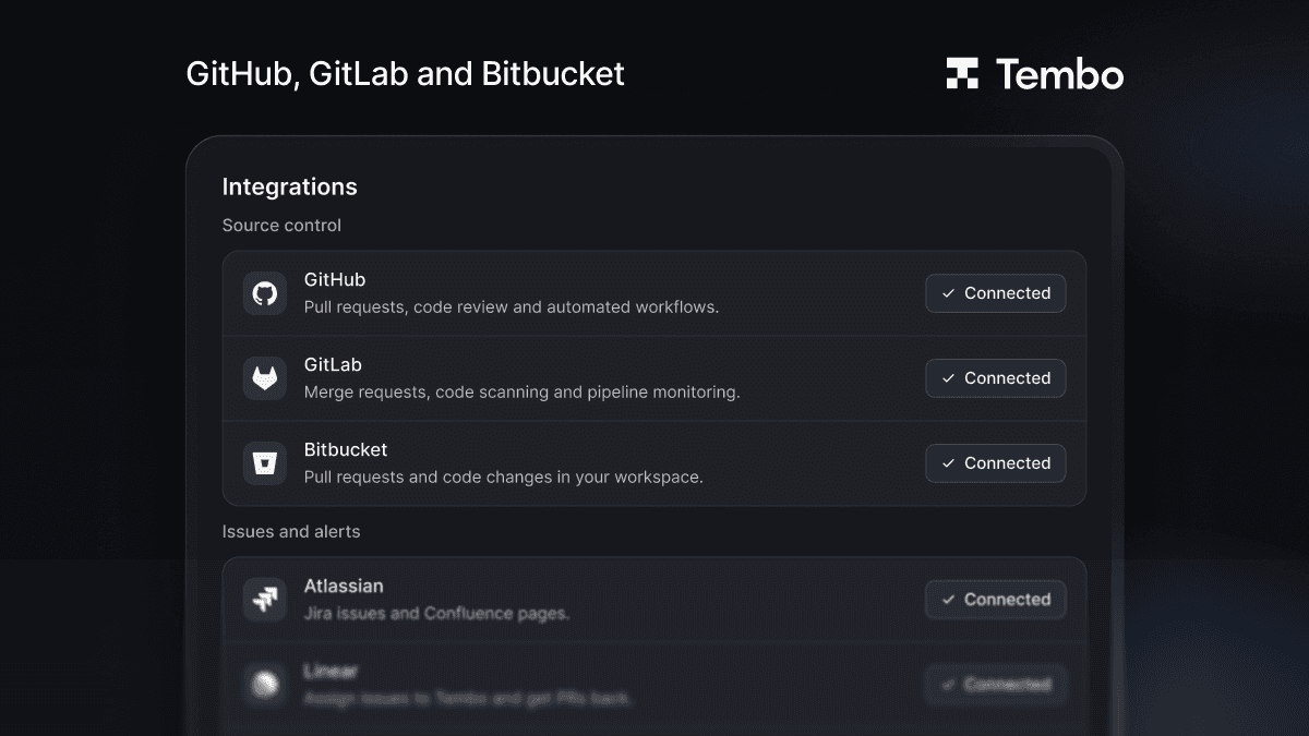 Tembo Integrations settings with GitHub, GitLab, and Bitbucket all connected under Source control.