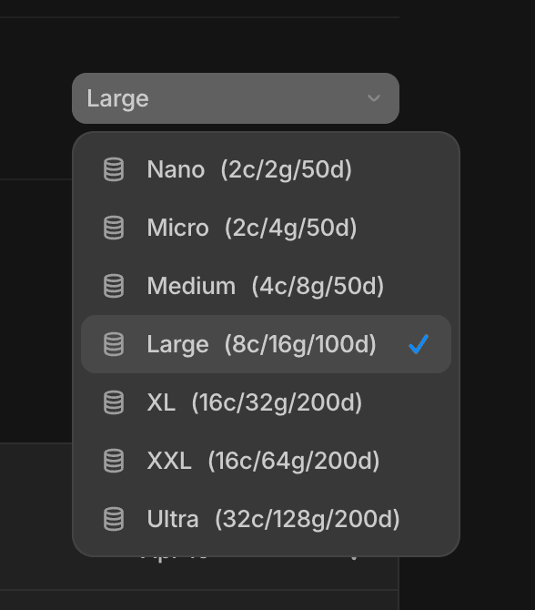 Cloud computer size selector with CPU, memory, and disk options