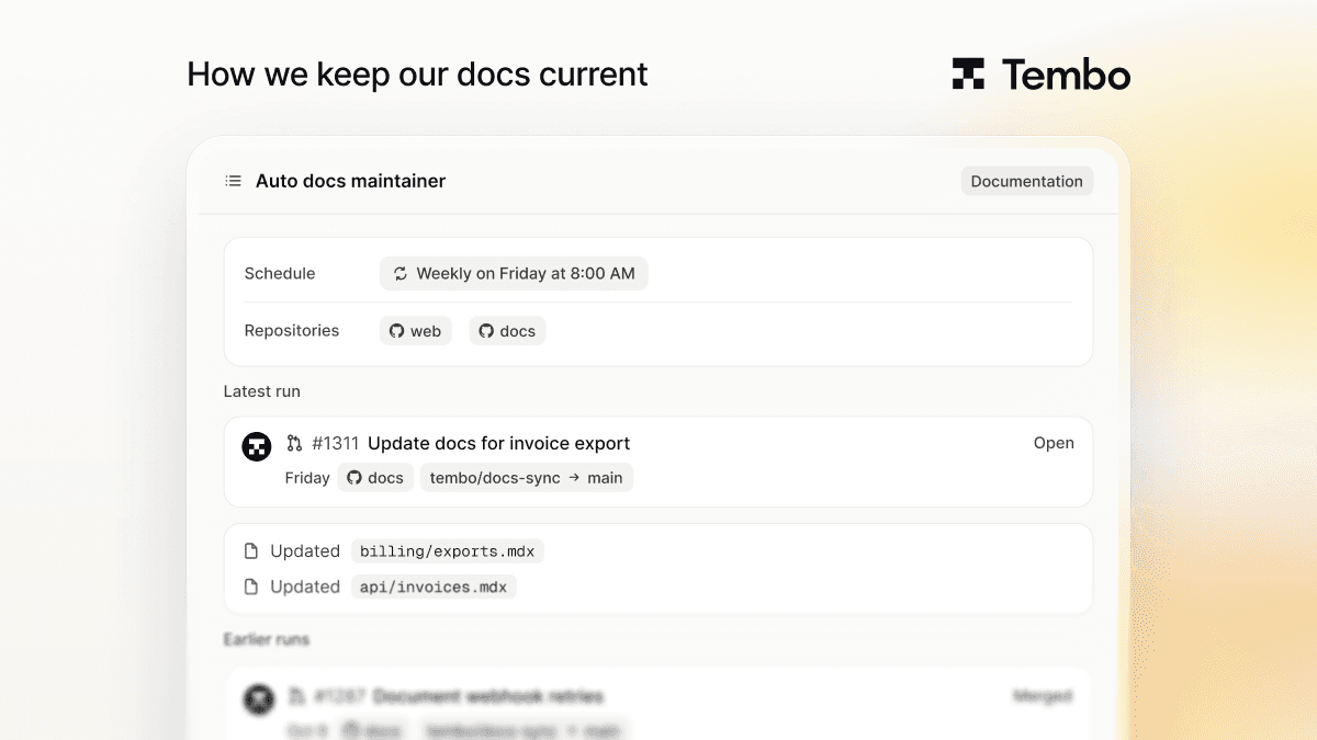 A Tembo agent called Auto docs maintainer, scheduled weekly for the web and docs repos, with its latest run: a pull request updating two docs pages.