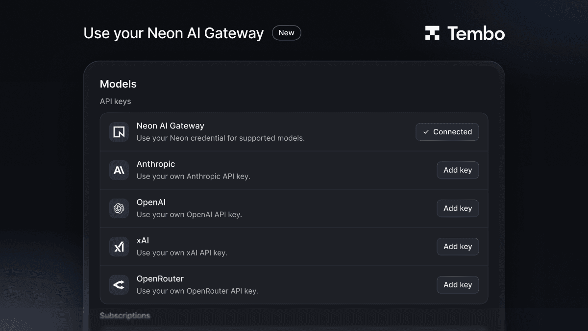 Tembo Models settings, API keys section, with Neon AI Gateway connected above Anthropic, OpenAI, xAI, and OpenRouter.