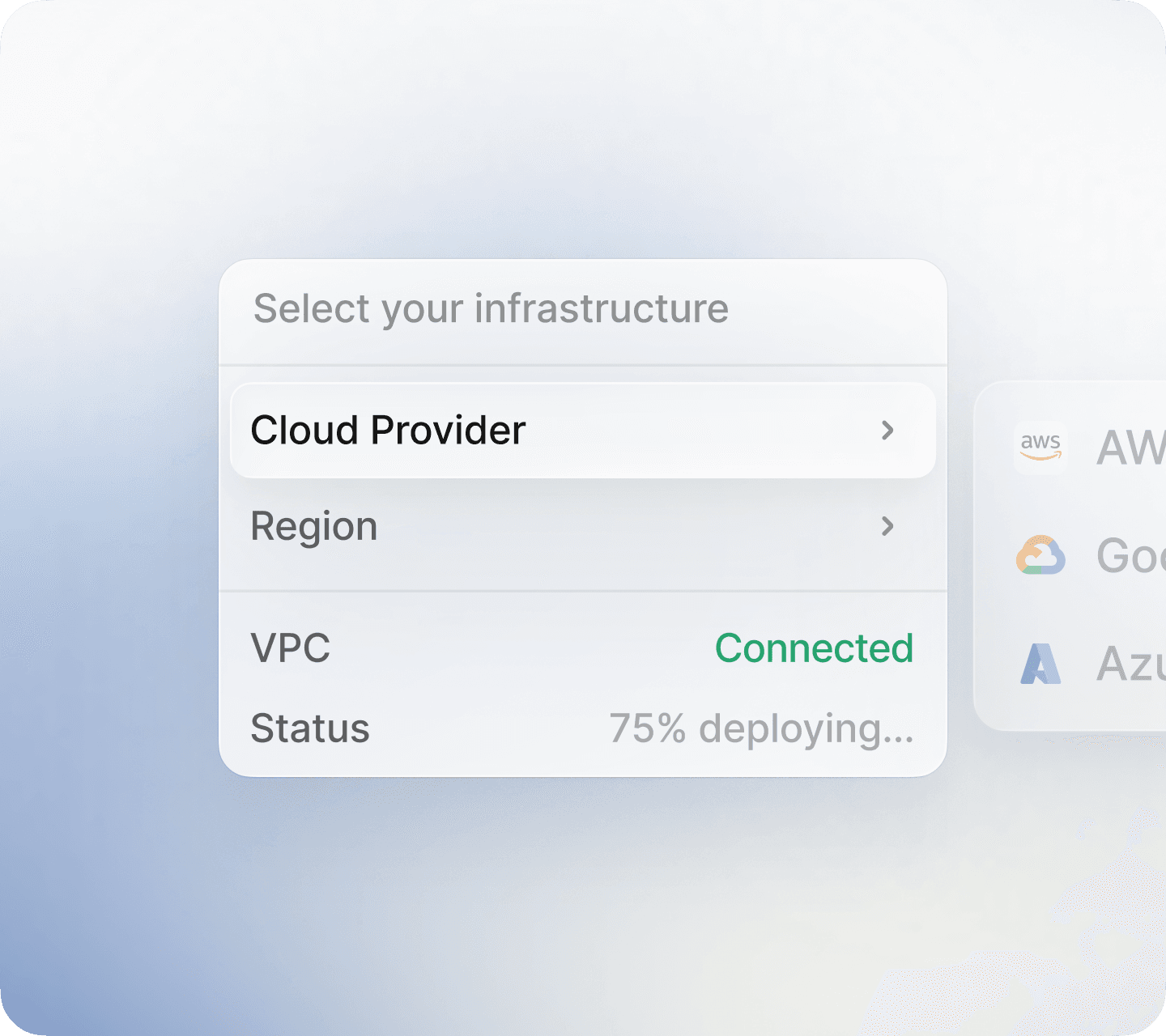 Selecting deployment infrastructure in Tembo — cloud provider, region, and VPC across AWS, Google Cloud, or Azure.