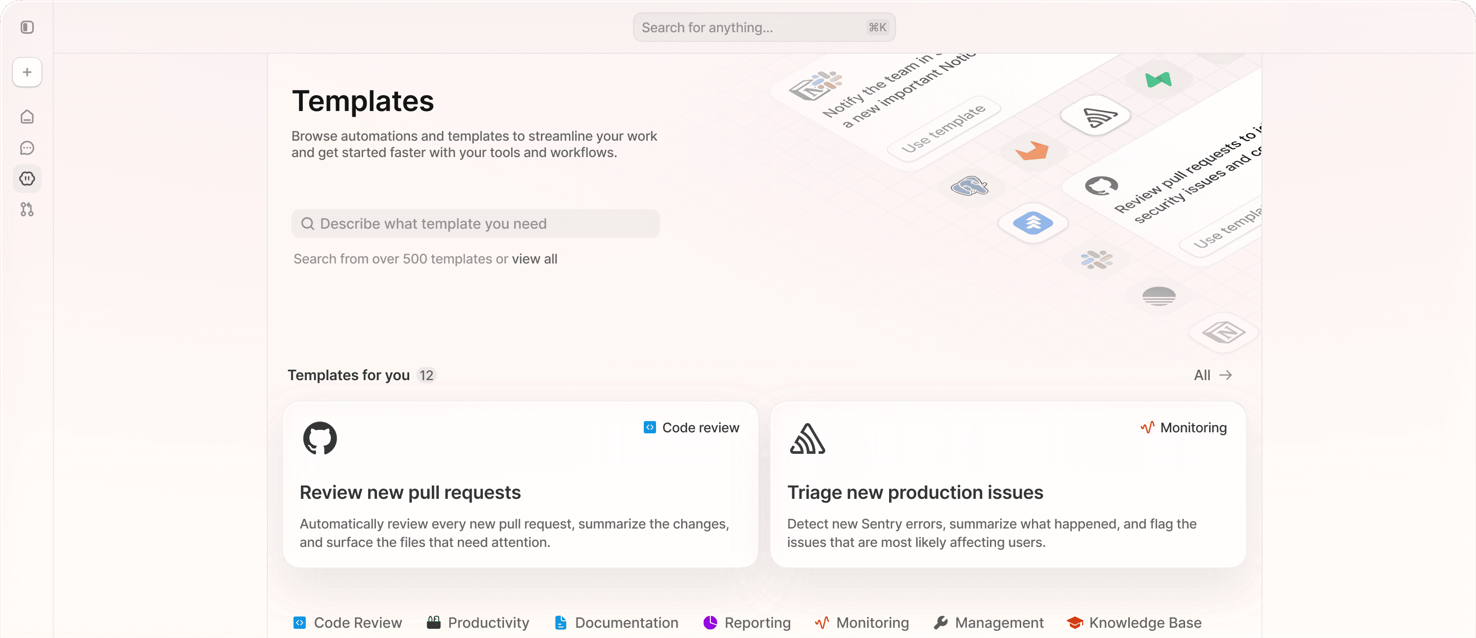 The Tembo template catalog: browse and customize pre-built agent templates for your repos.