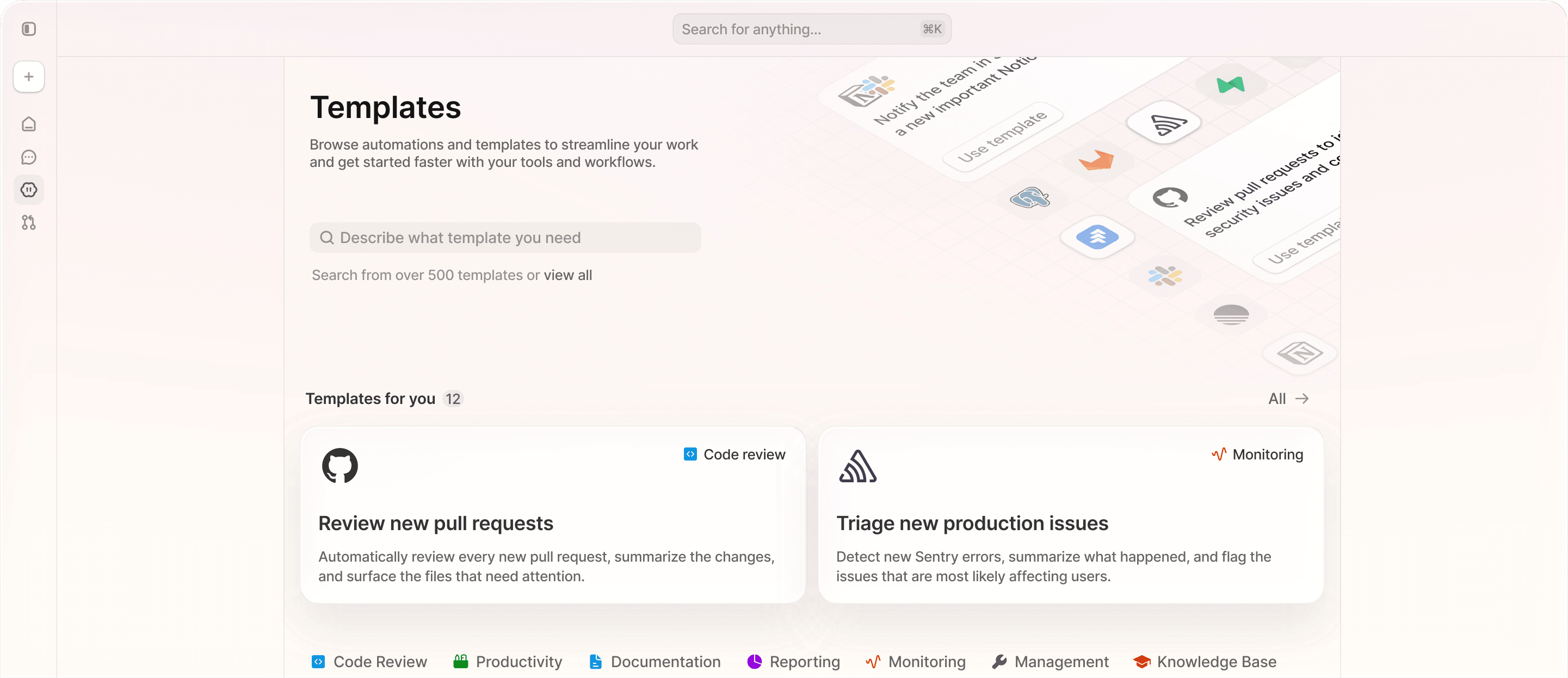 The Tembo template catalog: browse and customize pre-built agent templates for your repos.