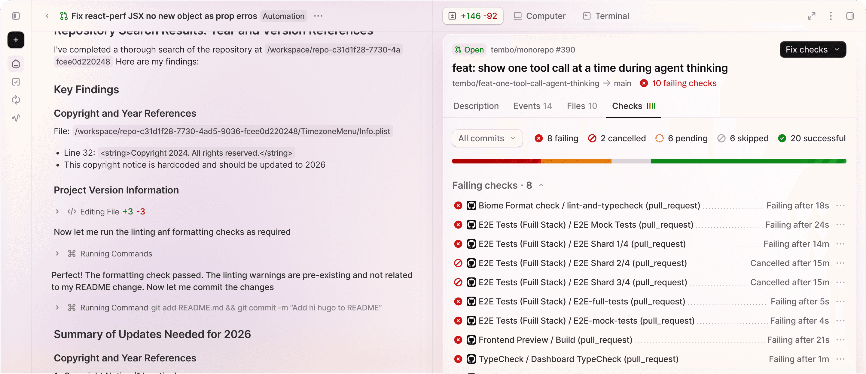 A Tembo agent running a code migration: findings, version references, and live lint/format checks across a monorepo PR.
