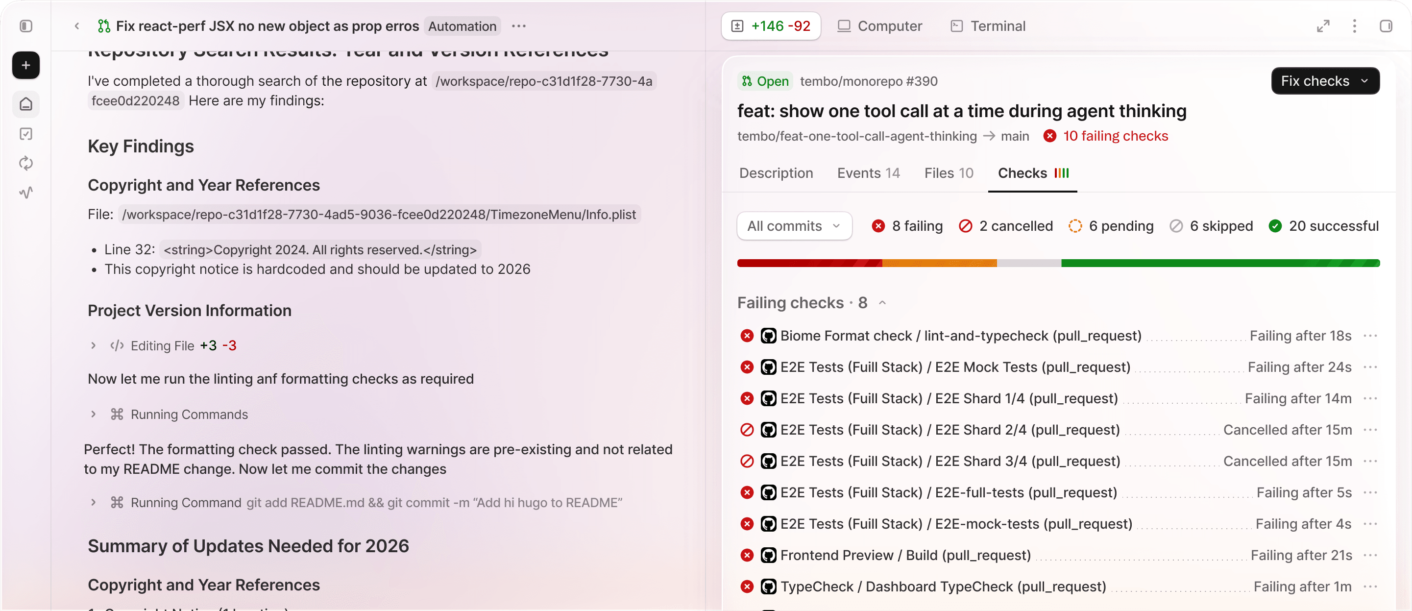 A Tembo agent running a code migration: findings, version references, and live lint/format checks across a monorepo PR.