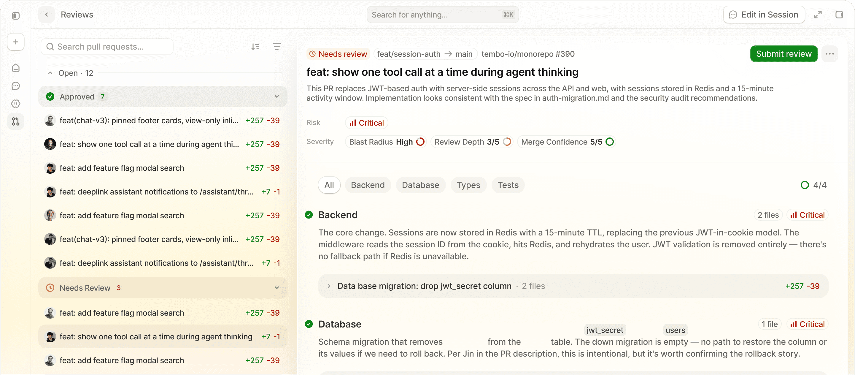 Tembo Tour Mode grouping a pull request into related sections with risk, review depth, and merge confidence.