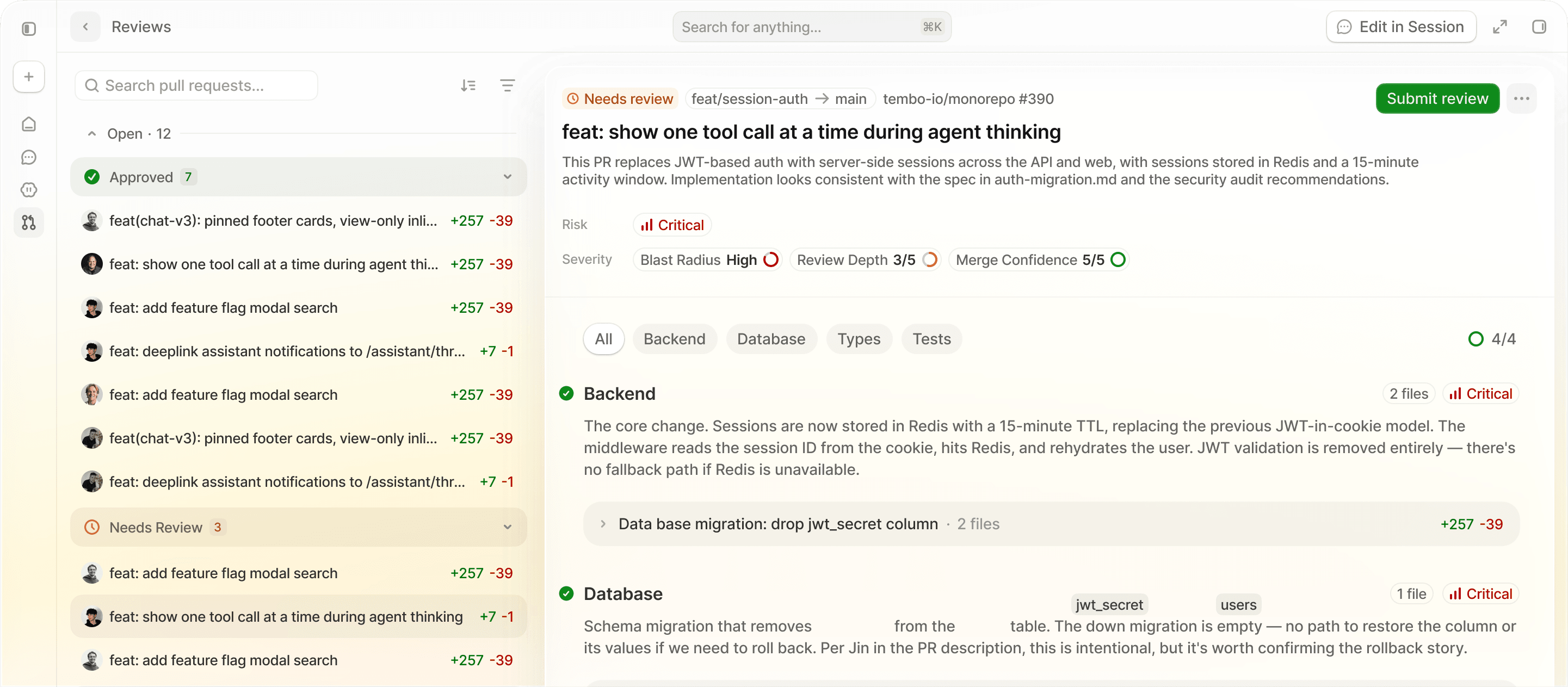 The Tembo Reviews dashboard: an agent's PR review with risk, severity, and per-area findings across backend, database, and types.