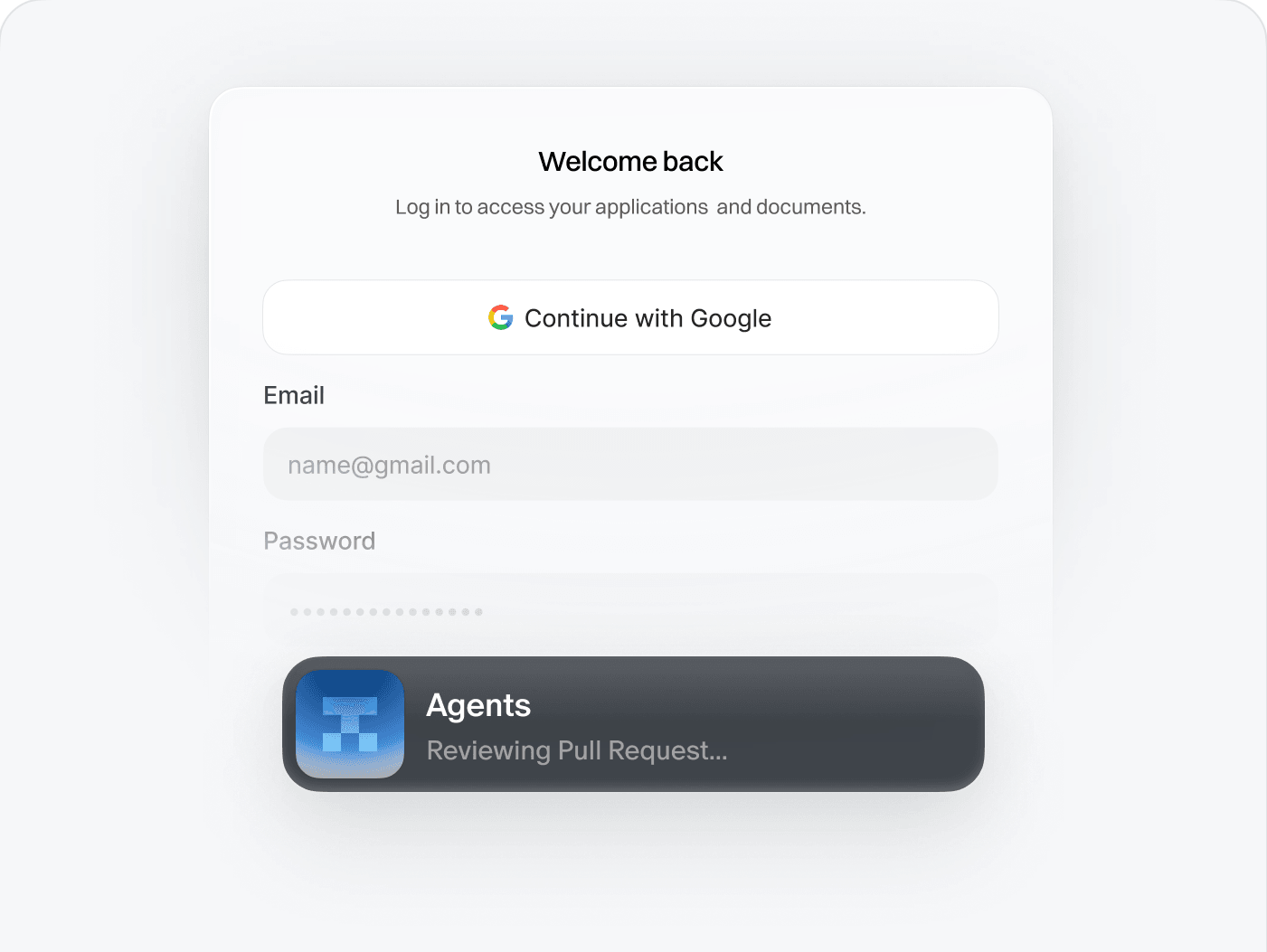 An agent reviewing a pull request over a sign-in screen.