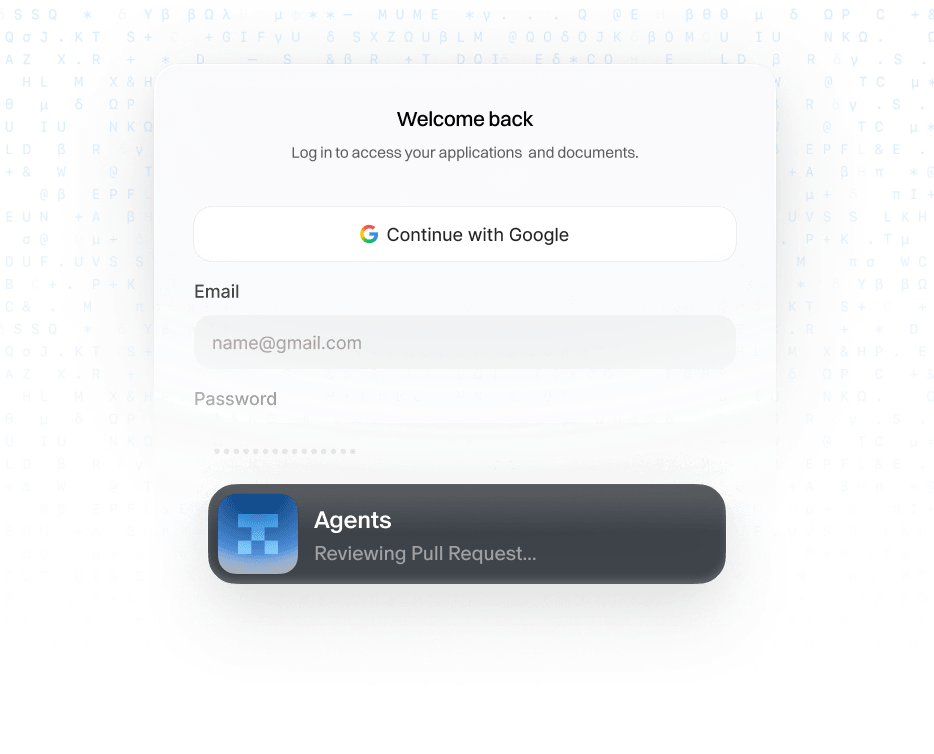 An agent reviewing a pull request over a sign-in screen.