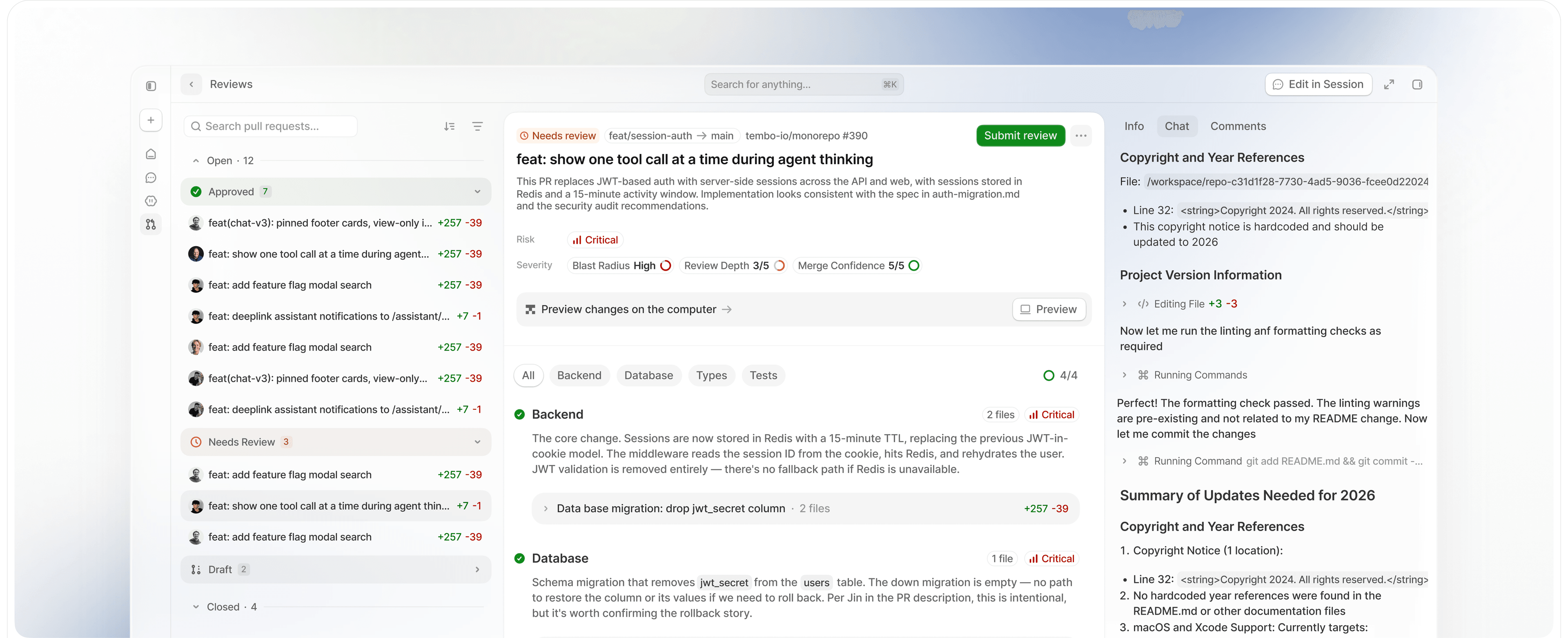 The Tembo review dashboard: an incoming issue triaged into a PR with the investigation, diff, and checks ready for review.