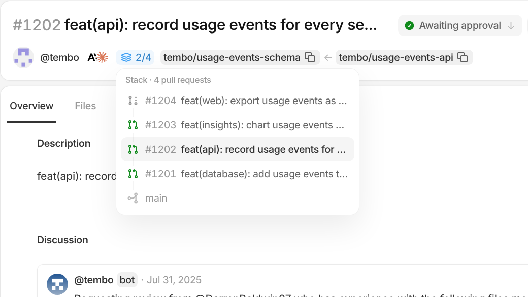 Stack popover listing every pull request in the stack
